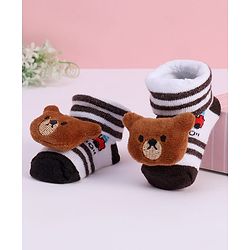 Cute Walk by Babyhug Striped Fabric Socks With Teddy Bear Applique - Brown & White