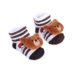 Cute Walk by Babyhug Striped Fabric Socks With Teddy Bear Applique - Brown & White