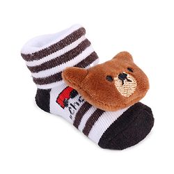Cute Walk by Babyhug Striped Fabric Socks With Teddy Bear Applique - Brown & White