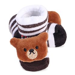 Cute Walk by Babyhug Striped Fabric Socks With Teddy Bear Applique - Brown & White