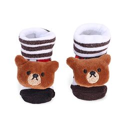 Cute Walk by Babyhug Striped Fabric Socks With Teddy Bear Applique - Brown & White