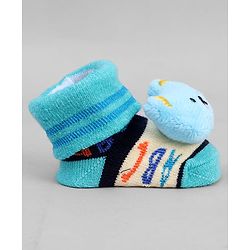 Cute Walk by Babyhug Ankle Length Sock Shoes with ABC Design & Bear Applique - Turquoise