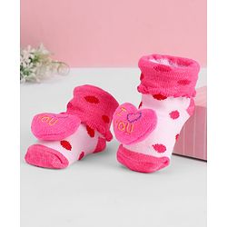 Cute Walk by Babyhug Ankle Length Sock Shoes with Polka Dot Design & Heart Applique - Dark Pink