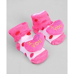 Cute Walk by Babyhug Ankle Length Sock Shoes with Polka Dot Design & Heart Applique - Dark Pink