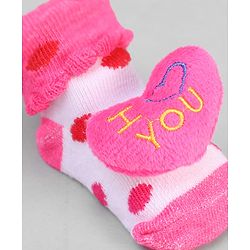 Cute Walk by Babyhug Ankle Length Sock Shoes with Polka Dot Design & Heart Applique - Dark Pink