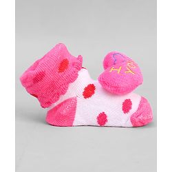Cute Walk by Babyhug Ankle Length Sock Shoes with Polka Dot Design & Heart Applique - Dark Pink