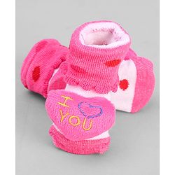 Cute Walk by Babyhug Ankle Length Sock Shoes with Polka Dot Design & Heart Applique - Dark Pink