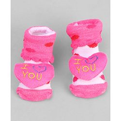 Cute Walk by Babyhug Ankle Length Sock Shoes with Polka Dot Design & Heart Applique - Dark Pink