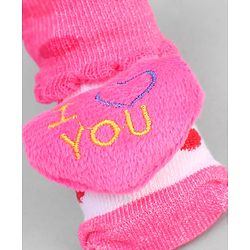 Cute Walk by Babyhug Ankle Length Sock Shoes with Polka Dot Design & Heart Applique - Dark Pink