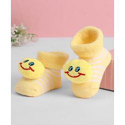 Cute Walk by Babyhug Ankle Length Sock Shoes with Stripes & Smiley Applique - Yellow