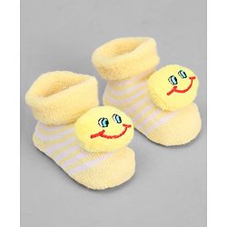 Cute Walk by Babyhug Ankle Length Sock Shoes with Stripes & Smiley Applique - Yellow