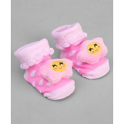Cute Walk by Babyhug Ankle Length Sock Shoes with Heart Design & Star Applique - Pink