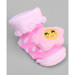 Cute Walk by Babyhug Ankle Length Sock Shoes with Heart Design & Star Applique - Pink
