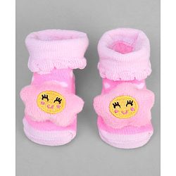 Cute Walk by Babyhug Ankle Length Sock Shoes with Heart Design & Star Applique - Pink