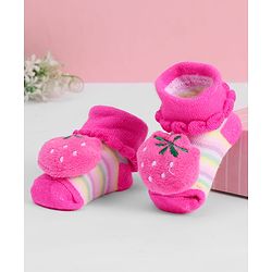 Cute Walk by Babyhug Ankle Length Sock Shoes with Stripes & Fruit Applique - Pink