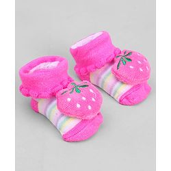 Cute Walk by Babyhug Ankle Length Sock Shoes with Stripes & Fruit Applique - Pink