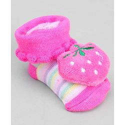 Cute Walk by Babyhug Ankle Length Sock Shoes with Stripes & Fruit Applique - Pink