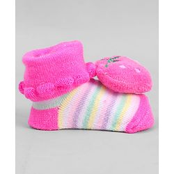 Cute Walk by Babyhug Ankle Length Sock Shoes with Stripes & Fruit Applique - Pink