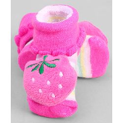 Cute Walk by Babyhug Ankle Length Sock Shoes with Stripes & Fruit Applique - Pink