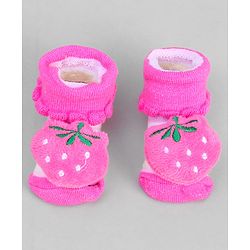 Cute Walk by Babyhug Ankle Length Sock Shoes with Stripes & Fruit Applique - Pink