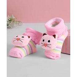 Cute Walk by Babyhug Ankle Length Sock Shoes with Stripes & Kitty Applique - Pink