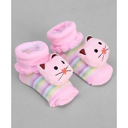 Cute Walk by Babyhug Ankle Length Sock Shoes with Stripes & Kitty Applique - Pink
