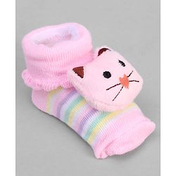Cute Walk by Babyhug Ankle Length Sock Shoes with Stripes & Kitty Applique - Pink