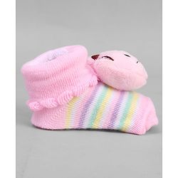 Cute Walk by Babyhug Ankle Length Sock Shoes with Stripes & Kitty Applique - Pink