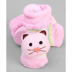 Cute Walk by Babyhug Ankle Length Sock Shoes with Stripes & Kitty Applique - Pink