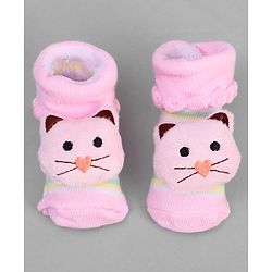 Cute Walk by Babyhug Ankle Length Sock Shoes with Stripes & Kitty Applique - Pink