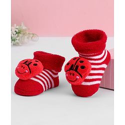 Cute Walk by Babyhug Ankle Length Sock Shoes with Stripes & Ladybug Applique - Red