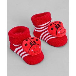 Cute Walk by Babyhug Ankle Length Sock Shoes with Stripes & Ladybug Applique - Red