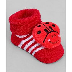 Cute Walk by Babyhug Ankle Length Sock Shoes with Stripes & Ladybug Applique - Red