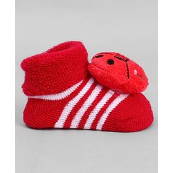 Cute Walk by Babyhug Ankle Length Sock Shoes with Stripes & Ladybug Applique - Red