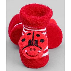 Cute Walk by Babyhug Ankle Length Sock Shoes with Stripes & Ladybug Applique - Red