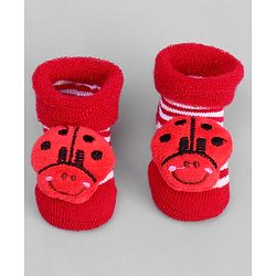 Cute Walk by Babyhug Ankle Length Sock Shoes with Stripes & Ladybug Applique - Red
