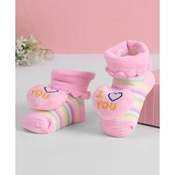 Cute Walk by Babyhug Ankle Length Sock Shoes with Stripes & Heart Applique - Pink