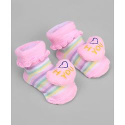 Cute Walk by Babyhug Ankle Length Sock Shoes with Stripes & Heart Applique - Pink