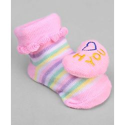 Cute Walk by Babyhug Ankle Length Sock Shoes with Stripes & Heart Applique - Pink