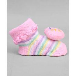 Cute Walk by Babyhug Ankle Length Sock Shoes with Stripes & Heart Applique - Pink