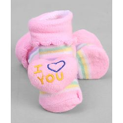 Cute Walk by Babyhug Ankle Length Sock Shoes with Stripes & Heart Applique - Pink