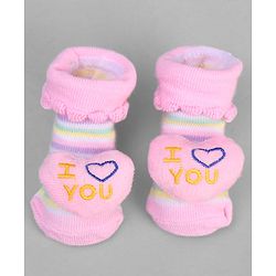Cute Walk by Babyhug Ankle Length Sock Shoes with Stripes & Heart Applique - Pink