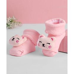 Cute Walk by Babyhug Ankle Length Sock Shoes with Bear Applique - Pink