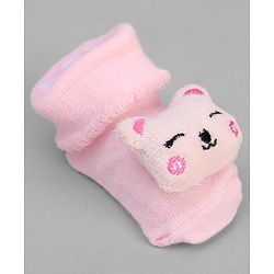 Cute Walk by Babyhug Ankle Length Sock Shoes with Bear Applique - Pink