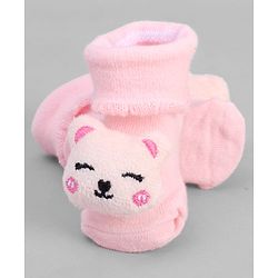 Cute Walk by Babyhug Ankle Length Sock Shoes with Bear Applique - Pink