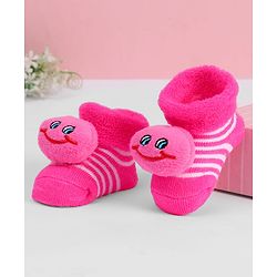 Cute Walk by Babyhug Ankle Length Sock Shoes with Stripes & Applique - Dark Pink