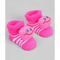 Cute Walk by Babyhug Ankle Length Sock Shoes with Stripes & Applique - Dark Pink