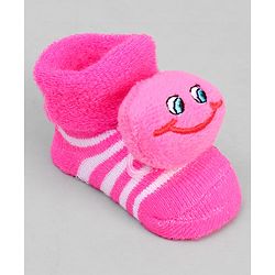 Cute Walk by Babyhug Ankle Length Sock Shoes with Stripes & Applique - Dark Pink