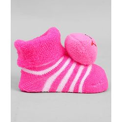 Cute Walk by Babyhug Ankle Length Sock Shoes with Stripes & Applique - Dark Pink