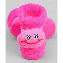 Cute Walk by Babyhug Ankle Length Sock Shoes with Stripes & Applique - Dark Pink